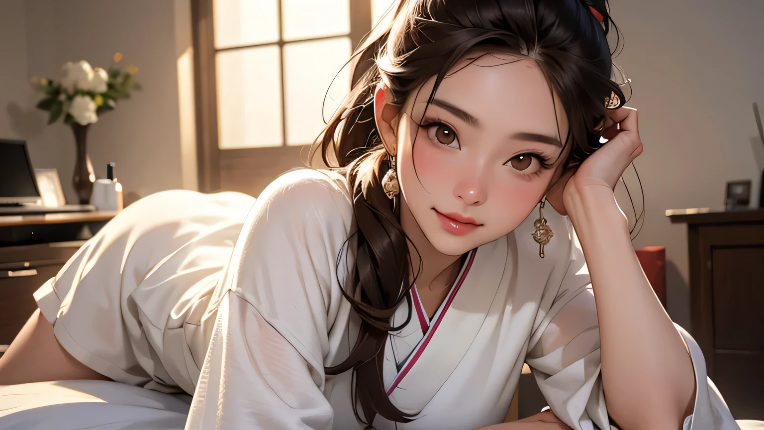 8k, highest quality, super high resolution, 1 woman, ponytail, 21 years old (realism: 1.4), upper body, (famous Japanese actress: 1.2), very beautiful, cute, professional photo,, real body, Fair skin, shiny skin, slender body, good figure, look at the viewer, smile , Realistic in every detail Realistic skin, Realistic in every detail, Realistic in every detail, Realistic in every detail Lips, teeth in every detail, ears in every detail, hair in every detail, every detail A masterpiece ((Masterpiece: 1.4), (Best quality: 1.4), (Realistic: 1.7)) (Top quality digital art, digital illustrations, 4K high resolution beautiful images, super detailed images, perfect Art Manhwa, young woman, brown hair, brown eyes, kind expression, soft smile, white skin, secretary using a computer behind the desk