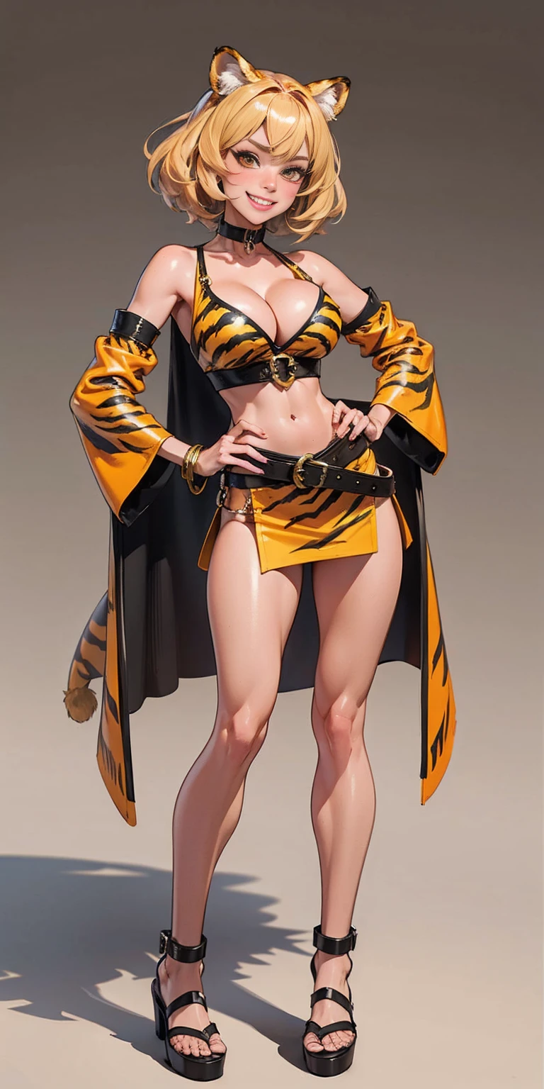 ((Masterpiece, plain background,1:2, masterpiece)) full body standing with separate yellow tiger print stockings thighs and sleeves, yellow tiger bikini print, hands on waist, navel, lustful smirking smiling, smile face (red blushed, red cheeks) armbands, black leather choker slave collar, metal sandals, big knockers, cleavage, separate sleeves, leather corset, hands on hips, shackles bracelets, slave red crest, loincloth standing, metal sandals, big belt, view from below, feet together, bracers, standing contrapposto straight symmetrical looking to viewer