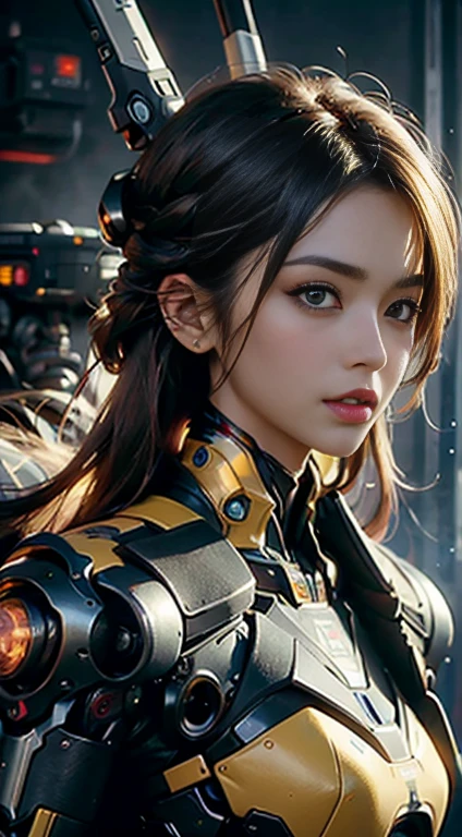 Textured skin, Super Detail, high details, High quality, Best Quality, hight resolution, 1080p, hard disk, a beauty,She wears a futuristic yellow war machine mech with weapons built into her entire body(War Machine) realistic portrait 8k,