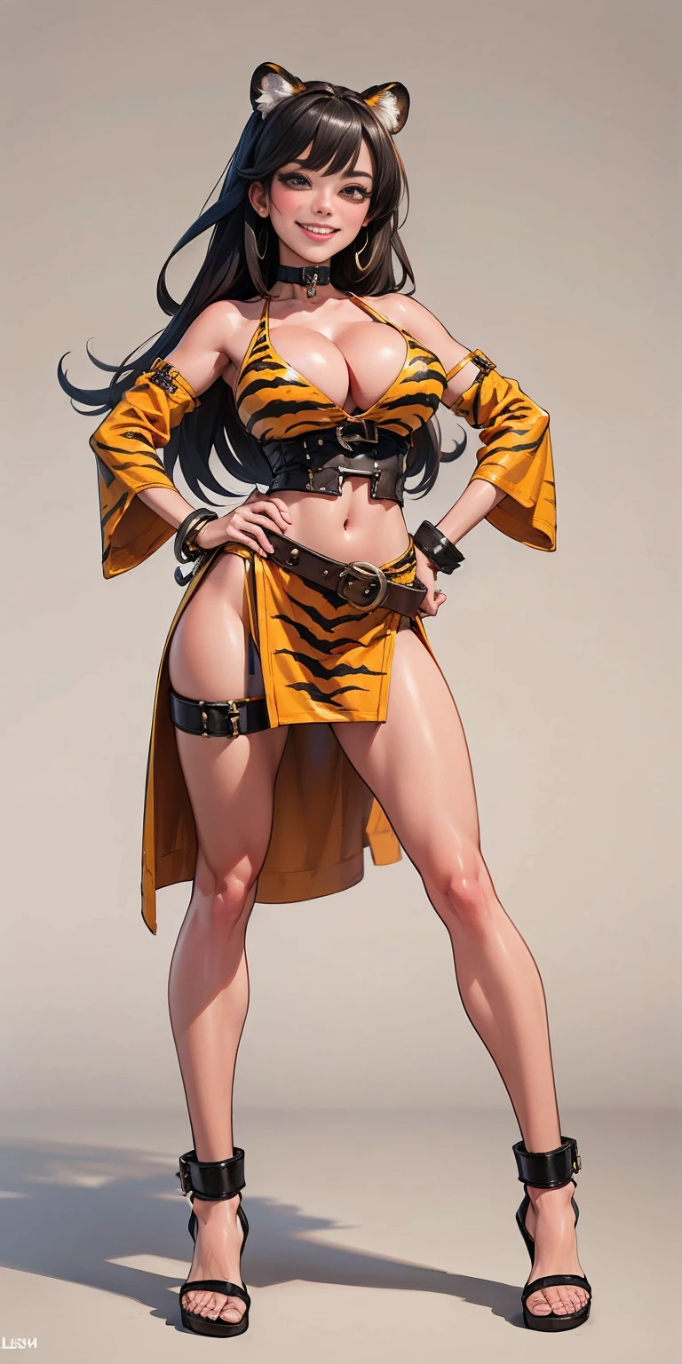 ((Masterpiece, plain background,1:2, masterpiece)) full body standing with separate yellow tiger print stockings thighs and sleeves, yellow tiger bikini print, hands on waist, navel, lustful smirking smiling, smile face (red blushed, red cheeks) armbands, black leather choker slave collar, metal sandals, big knockers, cleavage, separate sleeves, leather corset, hands on hips, shackles bracelets, slave red crest, loincloth standing, metal sandals, big belt, view from below, feet together, bracers, standing contrapposto straight symmetrical looking to viewer