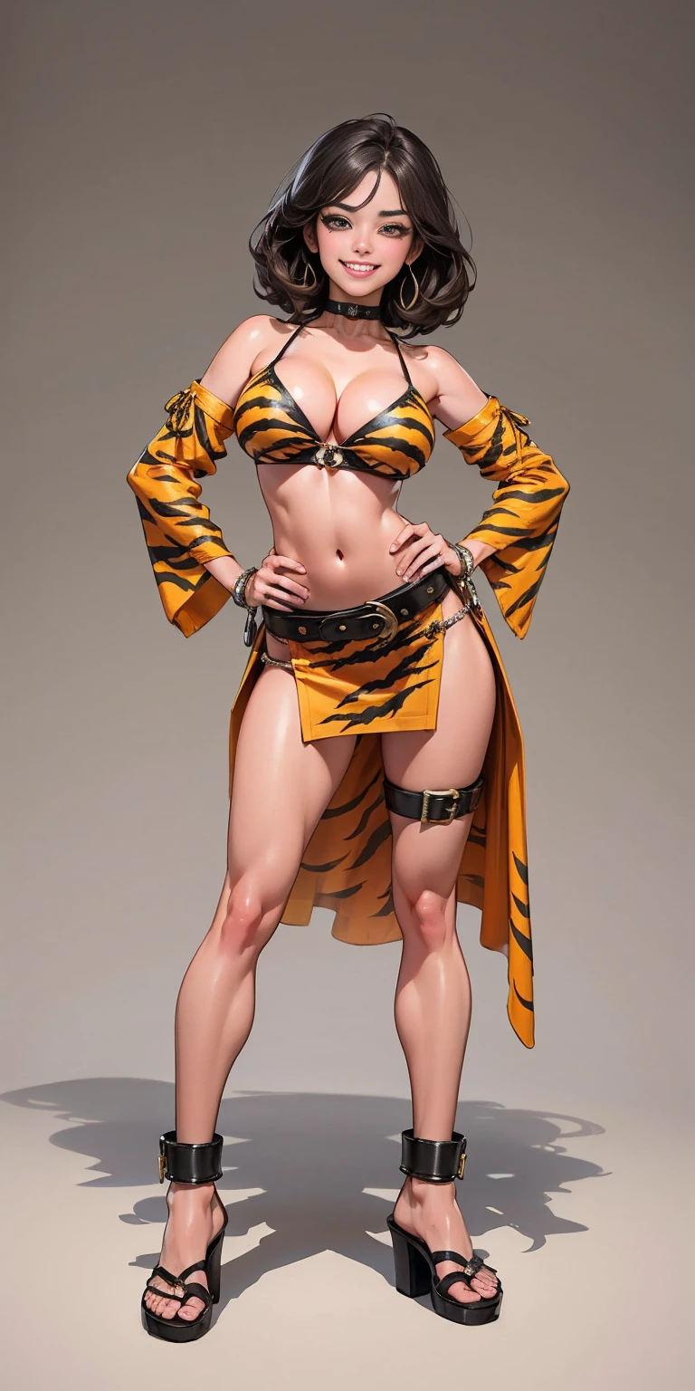 ((Masterpiece, plain background,1:2, masterpiece)) full body standing with separate yellow tiger print stockings thighs and sleeves, yellow tiger bikini print, hands on waist, navel, lustful smirking smiling, smile face (red blushed, red cheeks) armbands, black leather choker slave collar, metal sandals, big knockers, cleavage, separate sleeves, leather corset, hands on hips, shackles bracelets, slave red crest, loincloth standing, metal sandals, big belt, view from below, feet together, bracers, standing contrapposto straight symmetrical looking to viewer