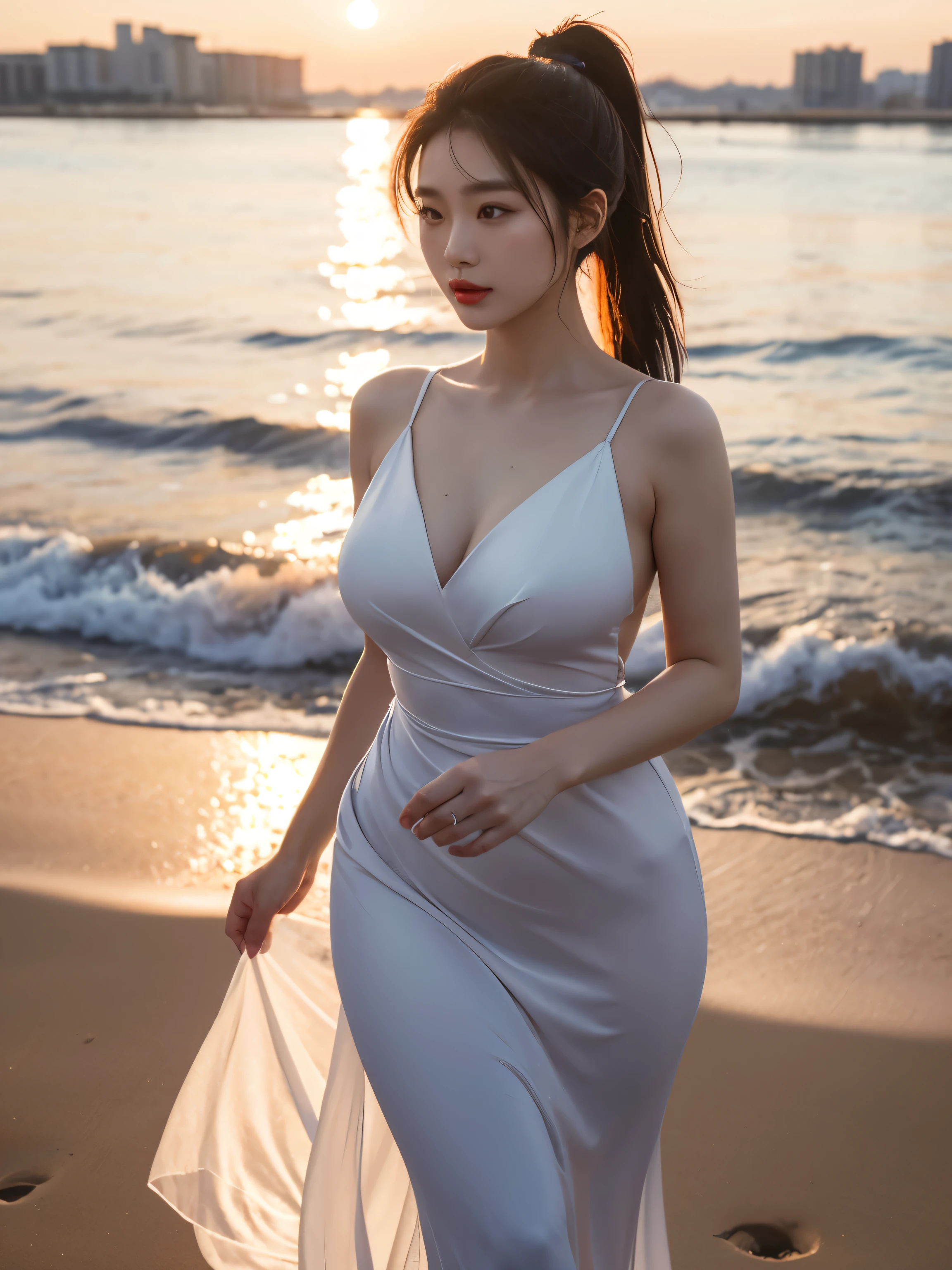 A beautiful Korean girl walking on the beach,Wearing an evening gown,Sunset,Aesthetic,masterpiece,Best Award-Winning Works,high resolution,Ponytail,Oval face,Red lipstick,The breasts are big, plump and attractive,Model figure,Pay attention to facial details