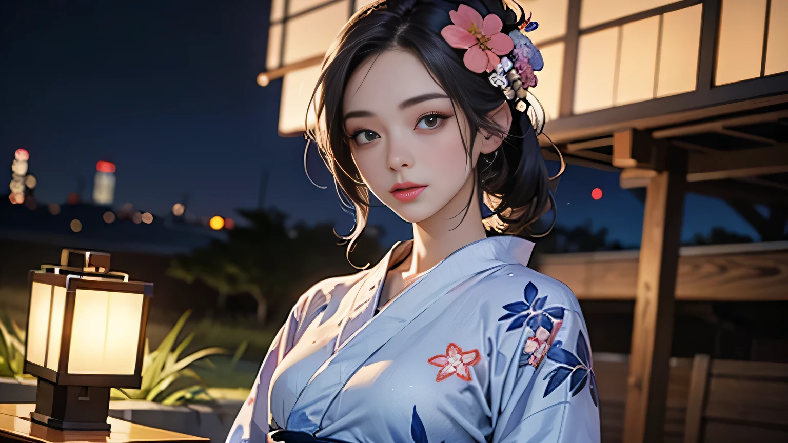 8k, highest quality, super high resolution, 1 woman, ponytail, 21 years old, (with a girl), top-quality beautiful girl, mouth slightly open, realistic, highly detailed CG integrated 8k wallpaper, highly detailed , High-resolution RAW color photography, Professional photography, Realistic portrait, Cinematic light, Beautiful and detailed female, 21 years old, (D cup: 1.1), ((Floral print yukata: 1.5), Outdoors, Night , (Best Quality:1.4), Super Detail, High Quality, Table Top, City Scene,