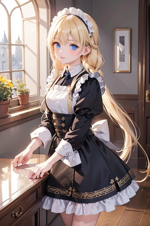 (8k, highest quality, Tabletop:1.2)、Ultra-high resolution、One 18-year-old girl, Perfect Fingers, Detailed face, blue eyes, Blonde, Braid, Black maid outfit,  Inside the castle, Cleaning the entrance