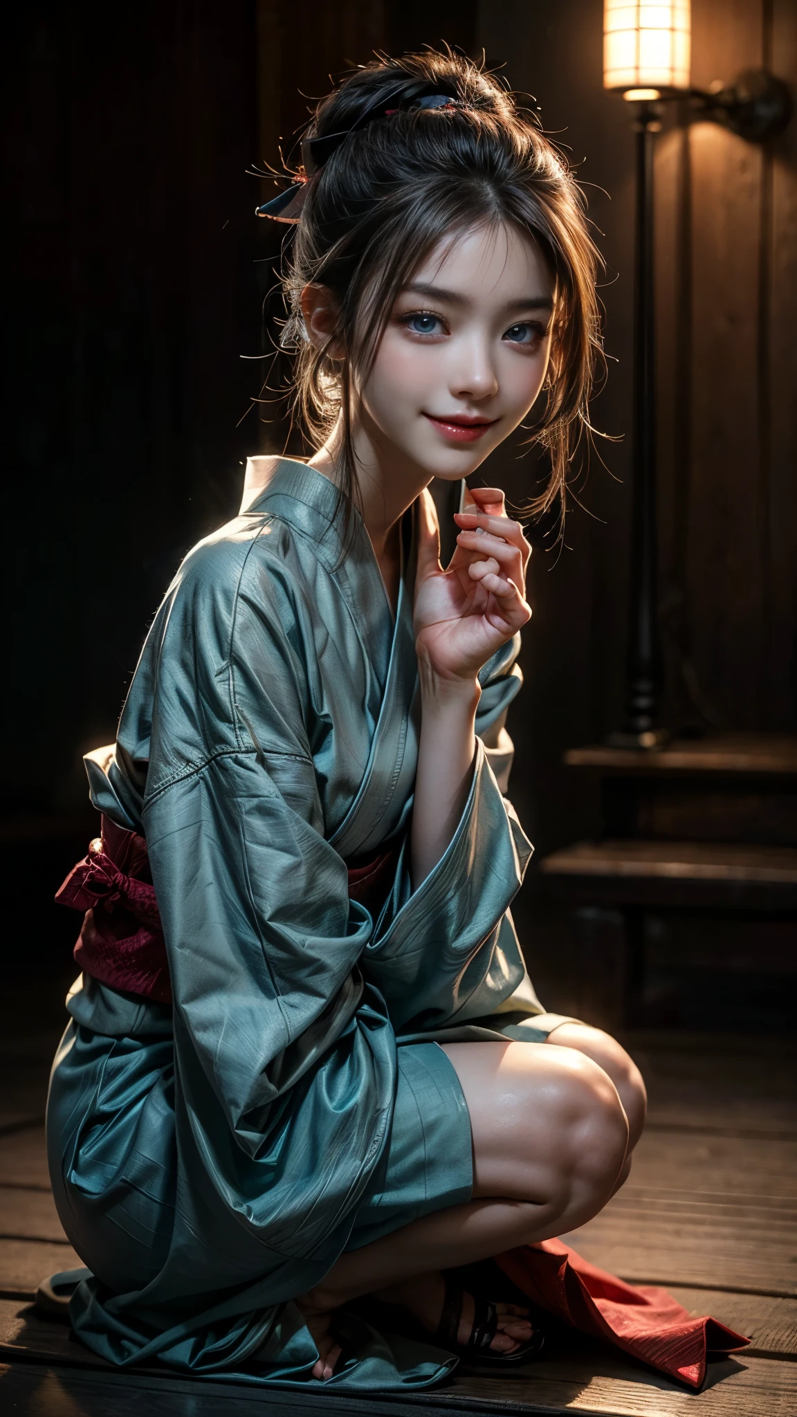 (RAW shot: 1.5, Realistic: 1.5, 8k, highest quality, masterpiece, Ultra-high resolution), Japan, A world of magic and swords, Perfect dynamic composition: 1.2, Mysterious: 1.3, Skin and face texture: 1.3, Cute slim female samurai, Aesthetic and beautiful: 1.2, Cute and sexy beauty, Perfect Style, Wear an exquisite ring, holding a Japanese sword: 1. 1, fire, water, Wind, lightning, ice, Beautiful Skin, Very beautiful face, (A shy smile, Her facial expression when she felt intense caressing, Facial expressions when feeling happy), (wear Kimono: 1.1,), (Beautiful Blue Eyes, Beautiful erotic eyes: 0 .8), (Too erotic: 0.9, Fascinating: 0.9), (Close-up shot, Full Body Tattoo, night, Fascinating lighting)