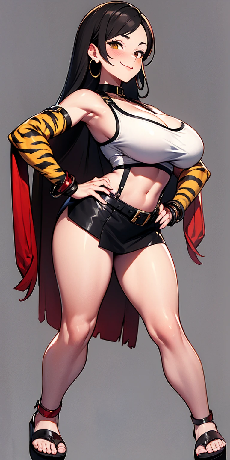 ((Masterpiece, plain background,1:2, masterpiece)) full body standing with separate yellow tiger print stockings thighs and sleeves, yellow tiger bikini print, hands on waist, navel, lustful smirking smiling, smile face (red blushed, red cheeks) armbands, black leather choker slave collar, metal sandals, big knockers, cleavage, separate sleeves, leather corset, hands on hips, shackles bracelets, slave red crest, loincloth standing, metal sandals, big belt, view from below, feet together, bracers, standing contrapposto straight symmetrical looking to viewer