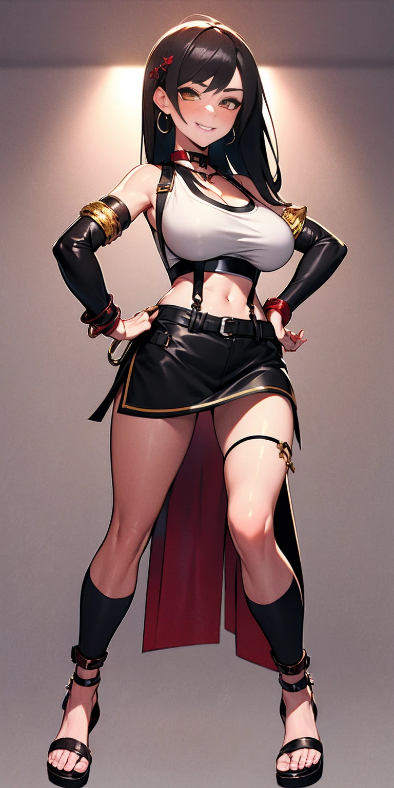 ((Masterpiece, plain background,1:2, masterpiece)) full body standing with separate yellow tiger print stockings thighs and sleeves, yellow tiger bikini print, hands on waist, navel, lustful smirking smiling, smile face (red blushed, red cheeks) armbands, black leather choker slave collar, metal sandals, big knockers, cleavage, separate sleeves, leather corset, hands on hips, shackles bracelets, slave red crest, loincloth standing, metal sandals, big belt, view from below, feet together, bracers, standing contrapposto straight symmetrical looking to viewer