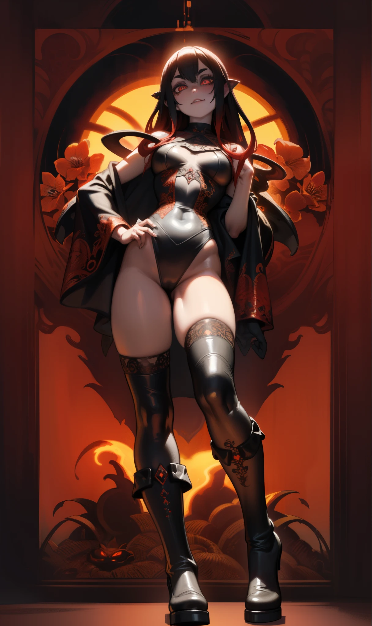 A girl with a body made of lava, featuring a Dracula Orchid pattern. (best quality, ultra-detailed), (realistic), vibrant colors, intense lighting, lava-like texture, hauntingly beautiful composition, surreal atmosphere, contrasting dark shadows, mesmerizing glow, detailed facial features, flowing lava tendrils, fiery eyes, ethereal presence, intricate floral patterns, mysterious aura."