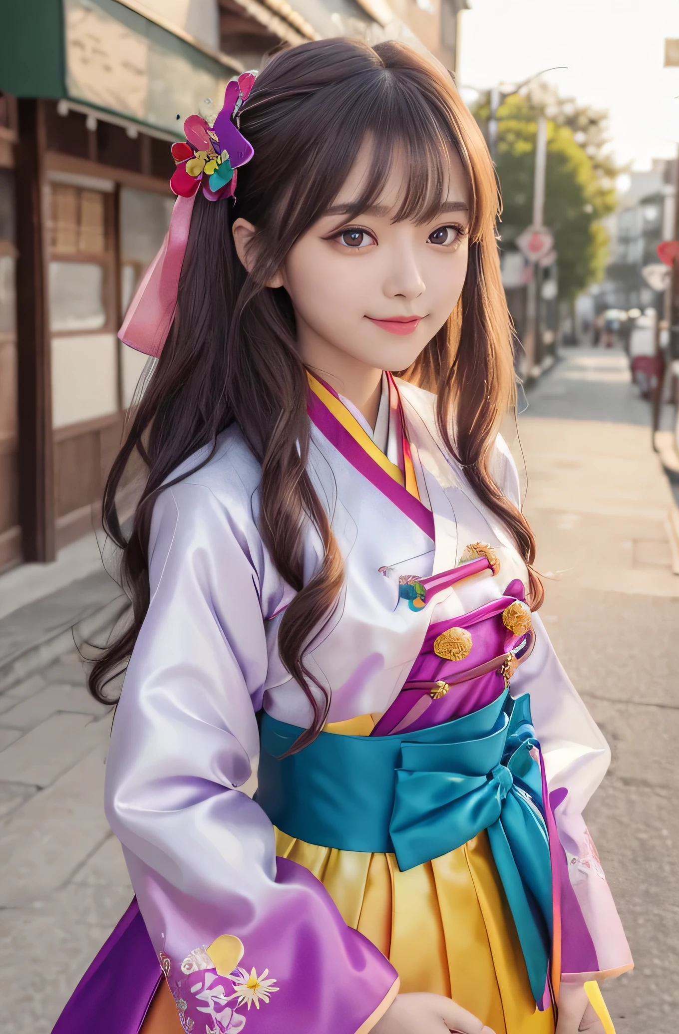 Angelic Very beautiful cute girl,11 yo,
Beautiful detailed eyes,
Detailed double eyelids,
(Large eyes:1.4),
Long straight brown hair,
see-through bangs,
Sharp Focus,small straight nose,
beautiful detailed face and eyes,
drooping eyes,
(Soft Saturation: 1.3), (Fair skin: 1.2),BREAK (beautiful hanbok: 1.5),(Super shiny red yellow blue green pink purple colored hanbok:1.4),(beautiful hanbok: 1.5),costume traditionally worn by Korean women,(Korea style:1.3),
Walking,(smile:1.5)
Brown hair,
(korean Chimajeogori:1.4) , (very high waist skirt:1.3),(costume with strong reflective surfaces:1.5),
Costume lighting,
In the street,(smile:1.5)
