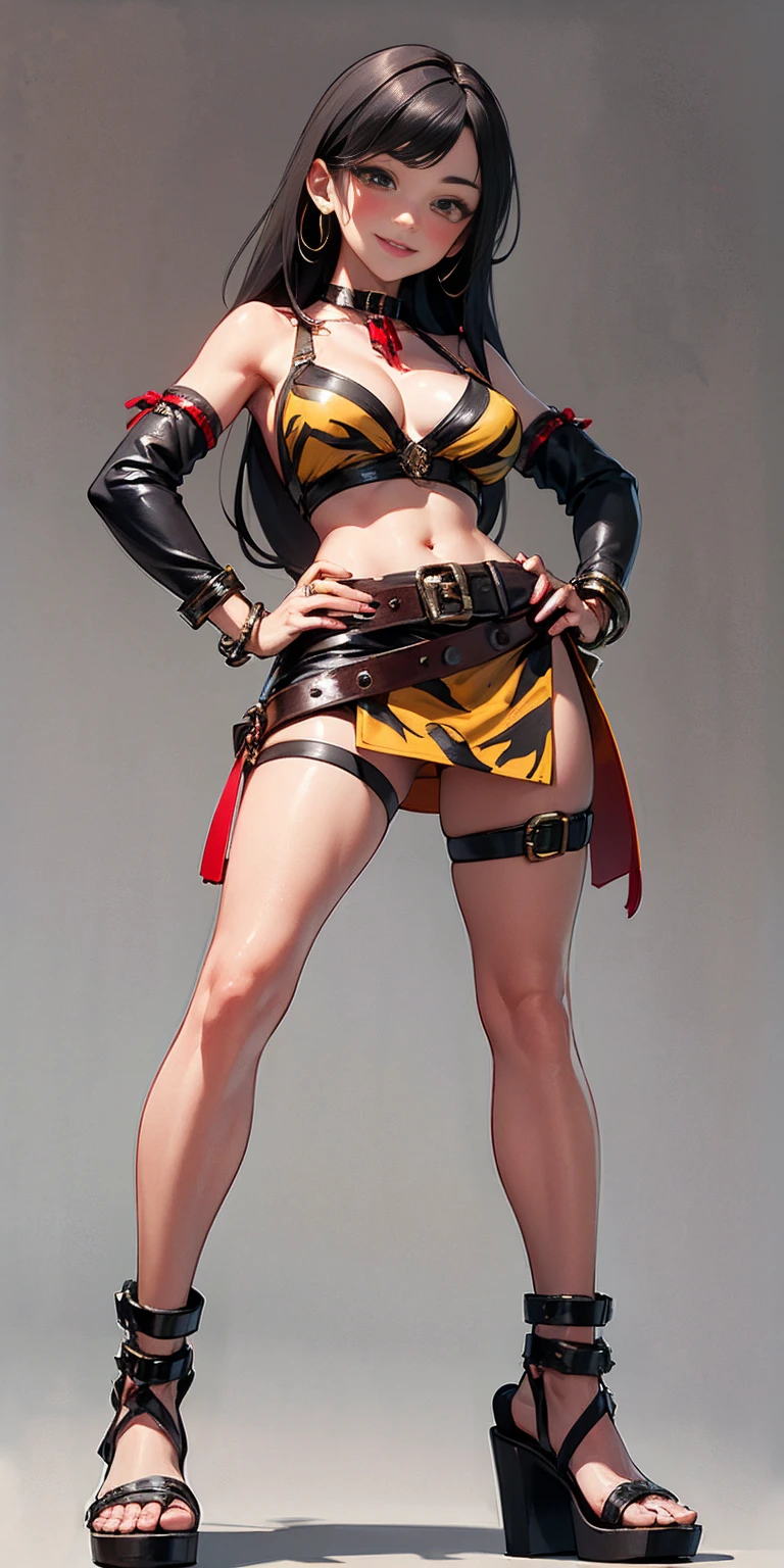 ((Masterpiece, plain background,1:2, masterpiece)) full body standing with separate yellow tiger print stockings thighs and sleeves, yellow tiger bikini print, hands on waist, navel, lustful smirking smiling, smile face (red blushed, red cheeks) armbands, black leather choker slave collar, metal sandals, big knockers, cleavage, separate sleeves, leather corset, hands on hips, shackles bracelets, slave red crest, loincloth standing, metal sandals, big belt, view from below, feet together, bracers, standing contrapposto straight symmetrical looking to viewer