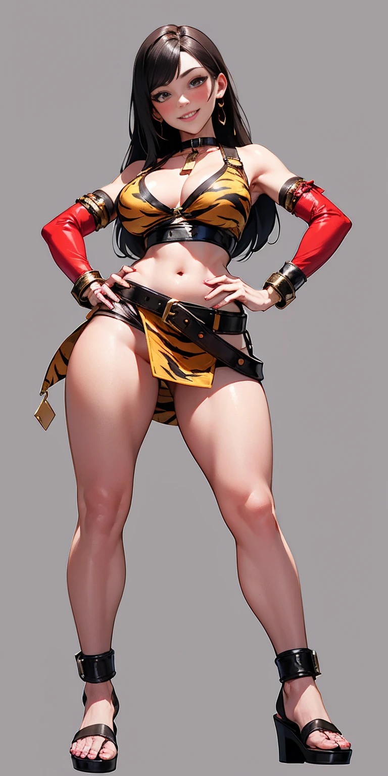 full body toe to head, masterpiece, 1soloMILF BIMBO standing yellow loincloth and yellow bra, left hand on hips and right hand down pose, leather collar choker neck bell shackles wristbands bracers bracelets sleeves and stockings, strong body, abs, shiny skin, wearing a big belt (Nylon Belt for Women) (plain background))