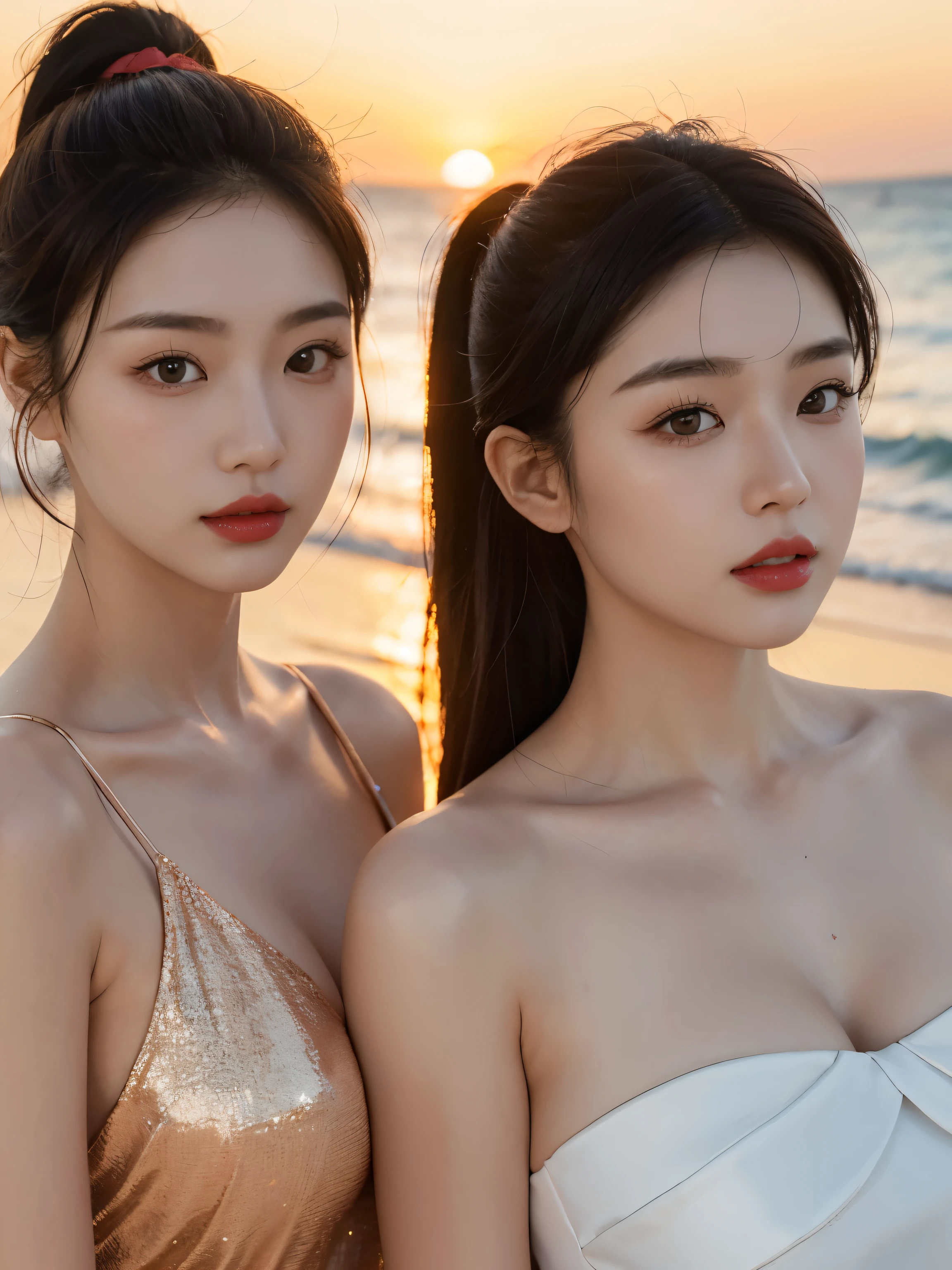 Two beautiful Korean girls walking on the beach,Wearing an evening gown,Sunset,Aesthetic,masterpiece,high resolution,Ponytail,Oval face,Red lipstick,The breasts are big, plump and attractive,Model figure,close-up upper body