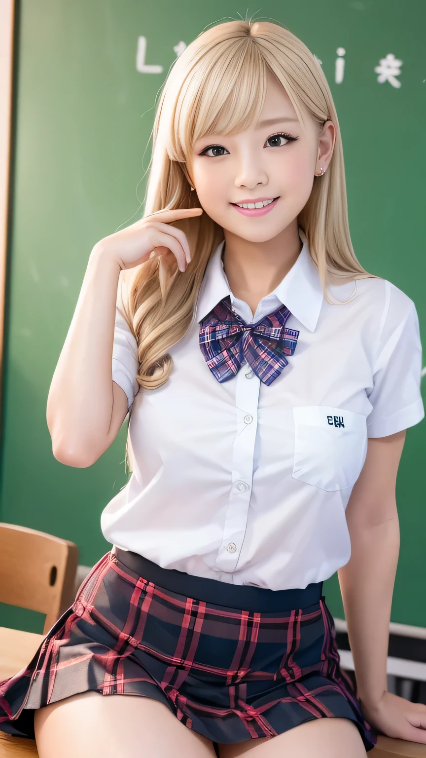 Browsing Caution、8k,highest quality, masterpiece, Very detailed, Ultra-high resolution, Realistic, RAW Photos, , Absolute Resolution, Complete limbs、Complete Anatomy、Perfect beautiful skin、pretty girl1人,Cute girl 、、(smile:1.3)、(Gal:1.1)、(School Uniform:1.1)、(Short sleeve white collar shirt:1.1)、bow  tie 、、(Tartan check micro mini skirt:1.2)、、(Accentuate your thighs:1.3)、、、(blonde:1.2)、、、pretty girl、 , Realistic young gravure idol, Japanese Girls、、alone、classroom、
