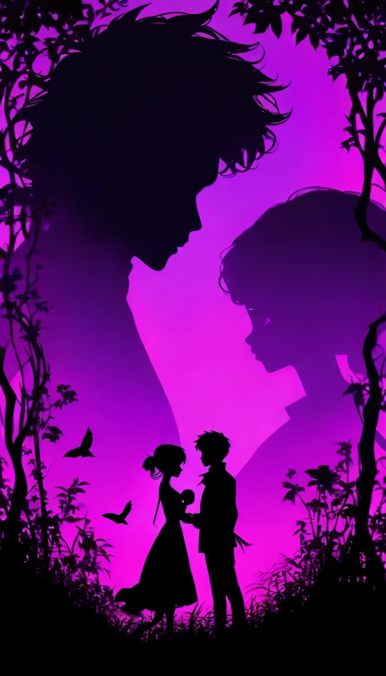 (silhouette art,Cutout:1.6)
(((Paper cutting art,A world where only black exists:1.3)
man and woman , turn away from each other ,
(girl,profile:1.2),white, Clean and beautiful face,Black cat at feet、Full Moon Behind
break
(sunrise、purplish color,Grass:6.1)
purple solid glass background,