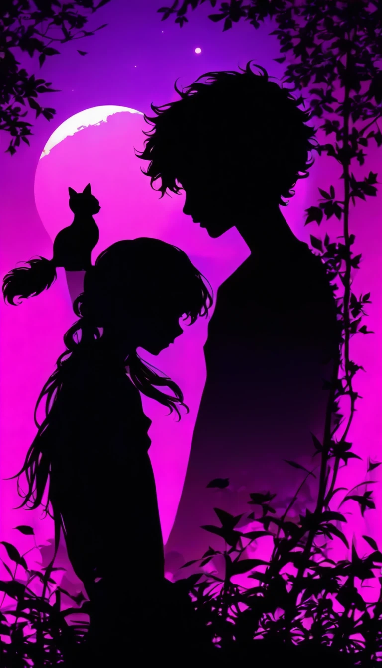 (silhouette art,Cutout:1.6)
(((Paper cutting art,A world where only black exists:1.3)

man and woman , turn away from each other ,
(girl,profile:1.2),white, Clean and beautiful face,Black cat at feet、Full Moon Behind

break
(sunrise、purplish color,Grass:6.1)
purple solid glass background,