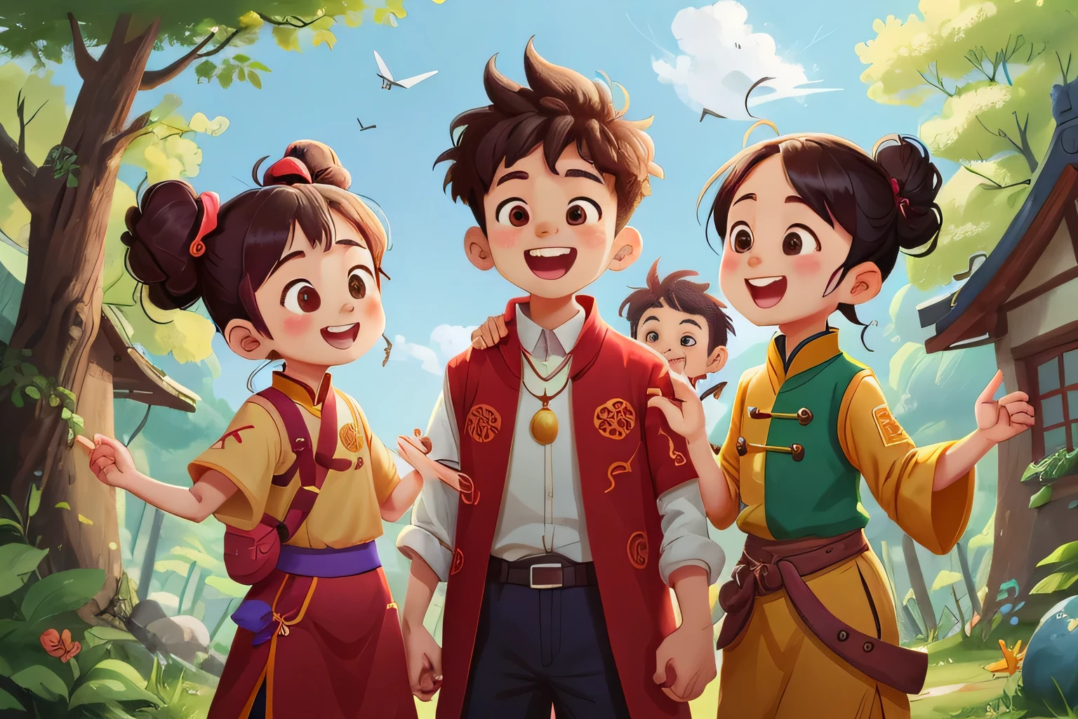 A-Long and Chun-Yue came to the village,Met a new friend, Aman。The three friends are very happy,They jumped up hand in hand