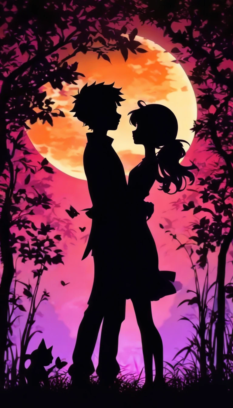 (silhouette art,Cutout:1.6)
(((Paper cutting art,A world where only black exists:1.3)

man and woman hugging each other,alone,
(girl,profile:1.2),white, Clean and beautiful face,Black cat at feet、Full Moon Behind

break
(sunrise、purplish color,Grass:6.1)
white solid glass background,