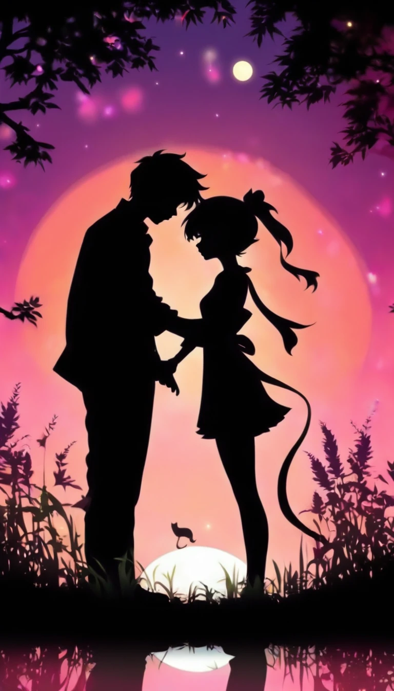 (silhouette art,Cutout:1.6)
(((Paper cutting art,A world where only black exists:1.3)
man and woman hugging each other,alone,
(girl,profile:1.2),white, Clean and beautiful face,Black cat at feet、Full Moon Behind
break
(sunrise、purplish color,Grass:6.1)
white solid glass background,