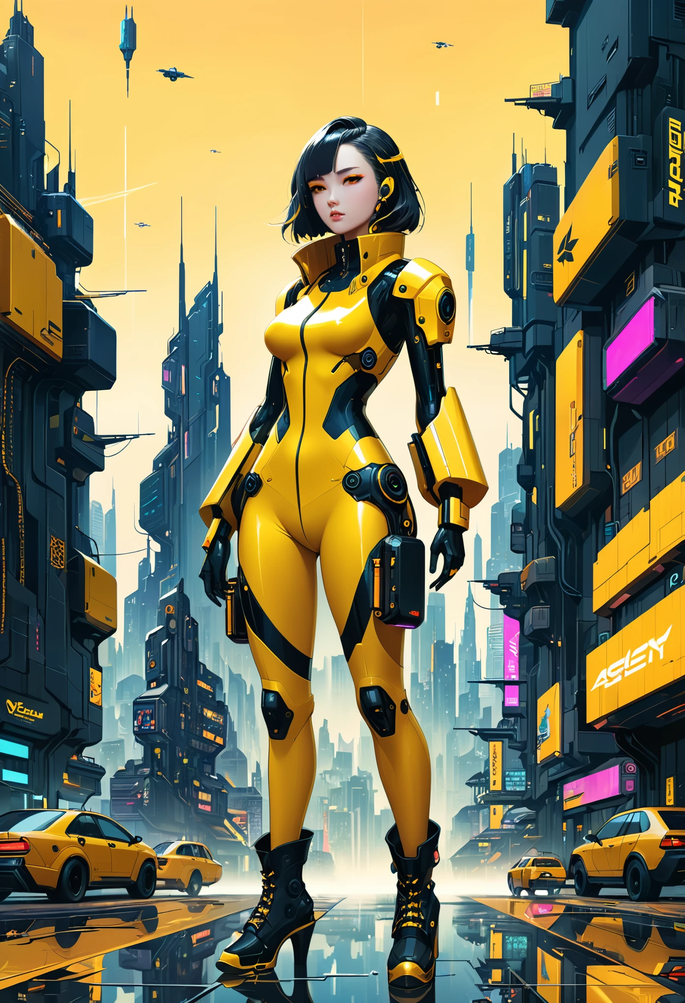 a woman in a yellow outfit and black boots stands in front of a city, cyberpunk art by Kim Hong-do, cgsociety, retrofuturism, cgsociety 9, full body cgsociety, worksafe.cgsociety