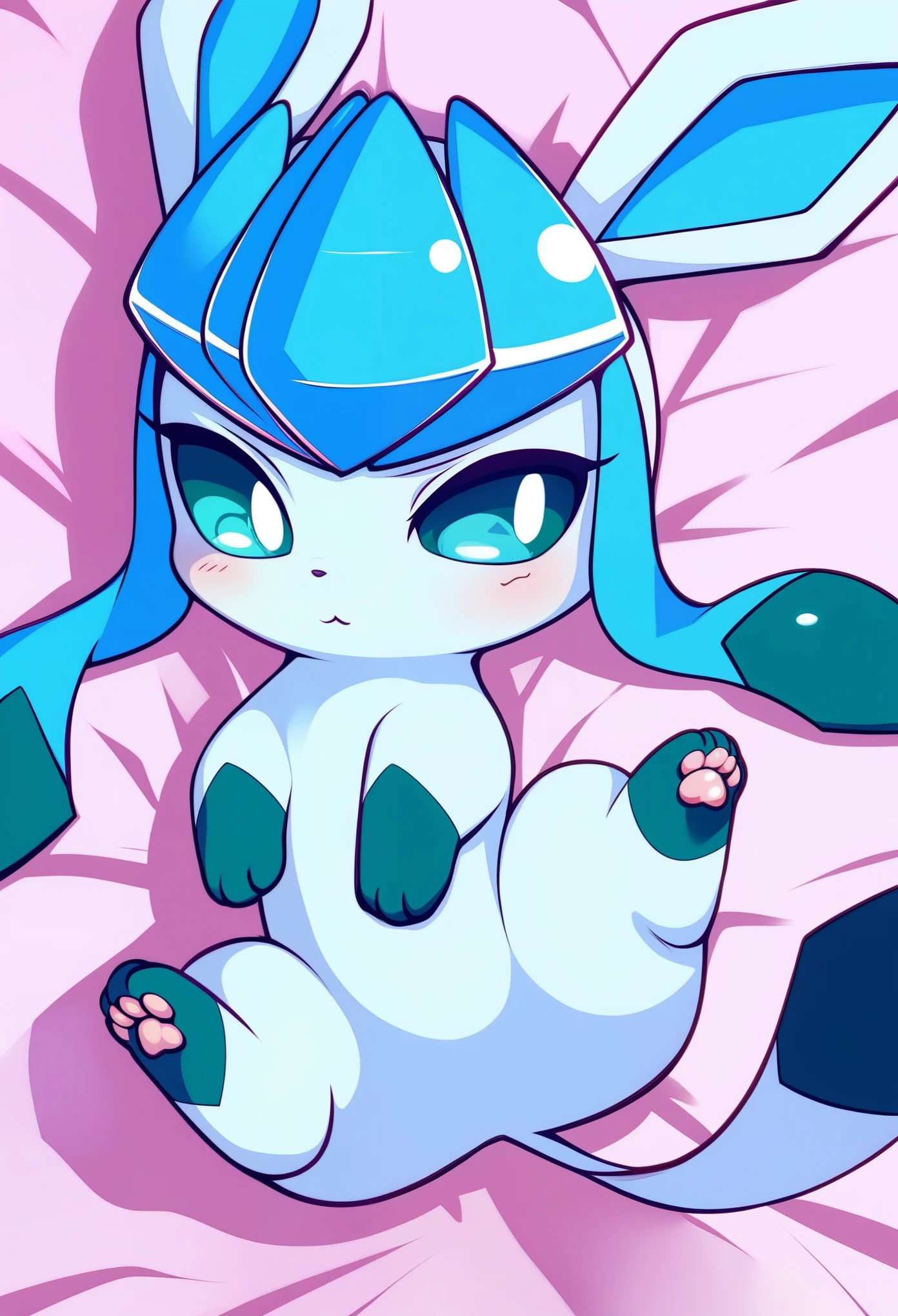 score_9, score_8_up, score_7_up, source_furry, rating_safe,  indoor, bedroom, on_bed, (chibi)
((Glaceon)), [[light blues_body, Sharp_tail，Light blue hair]], (((quadruped, feral, canid, canine))), hind_limbs, (pink_pawpads:1.2), (animal_legs, animal_hand:1.2)
solo, looking_at_viewer
spread_legs, on_back
best_quality, hi_res, masterpiece, absurd_res
Highly_detailed, 4k, high_detail, detailed_background
uploaded_on_e621, (by_Hioshiru:1.2), (by_Ancesra:0.6), (by_Kekitopu:0.6), (by_kikunyi:0.6), (by_Syuro:1.2), (by_Doxy:0.6), (by_youjomodoki:0.6), by_dacad, (by_reysi:1.2), by_zinfyu, by_pata, by_chunie, by_dr.bubblebum