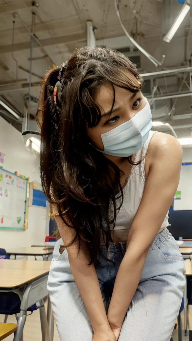 SFW: (big breast) using a kindergartens backpack wearing girl scout uniform, on bedroom, happy face, open mouth, cream on face, looking to the viewer.
