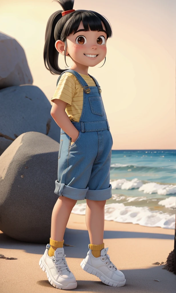 1girl, Black hair with straight bangs and a ponytail with a red band, big round brown eyes, slightly blushed cheeks, smiling expression, wearing a striped yellow and blue shirt, blue overalls, white shoes with gray soles ocean, palms, sand, sun, (child:1.2), rocks, alk fours, back view 