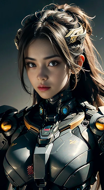 Textured skin, Super Detail, high details, High quality, Best Quality, hight resolution, 1080p, hard disk, a beauty,She wears a futuristic yellow war machine mech with weapons built into her entire body(War Machine) realistic portrait 8k,