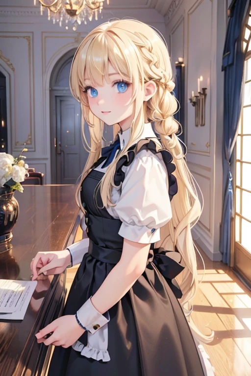 (8k, highest quality, Tabletop:1.2)、Ultra-high resolution、One 18-year-old girl, Perfect Fingers, Detailed face, blue eyes, Blonde, Braid, Black maid outfit, Inside the castle, Cleaning the entrance, Floor mopping