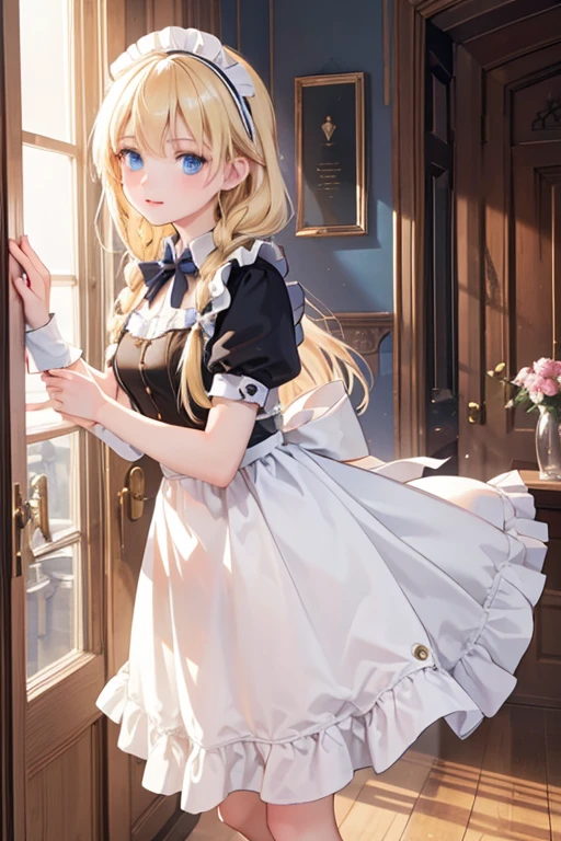 (8k, highest quality, Tabletop:1.2)、Ultra-high resolution、One 18-year-old girl, Perfect Fingers, Detailed face, blue eyes, Blonde, Braid, Black maid outfit,  Inside the castle, Cleaning the entrance, Floor mopping