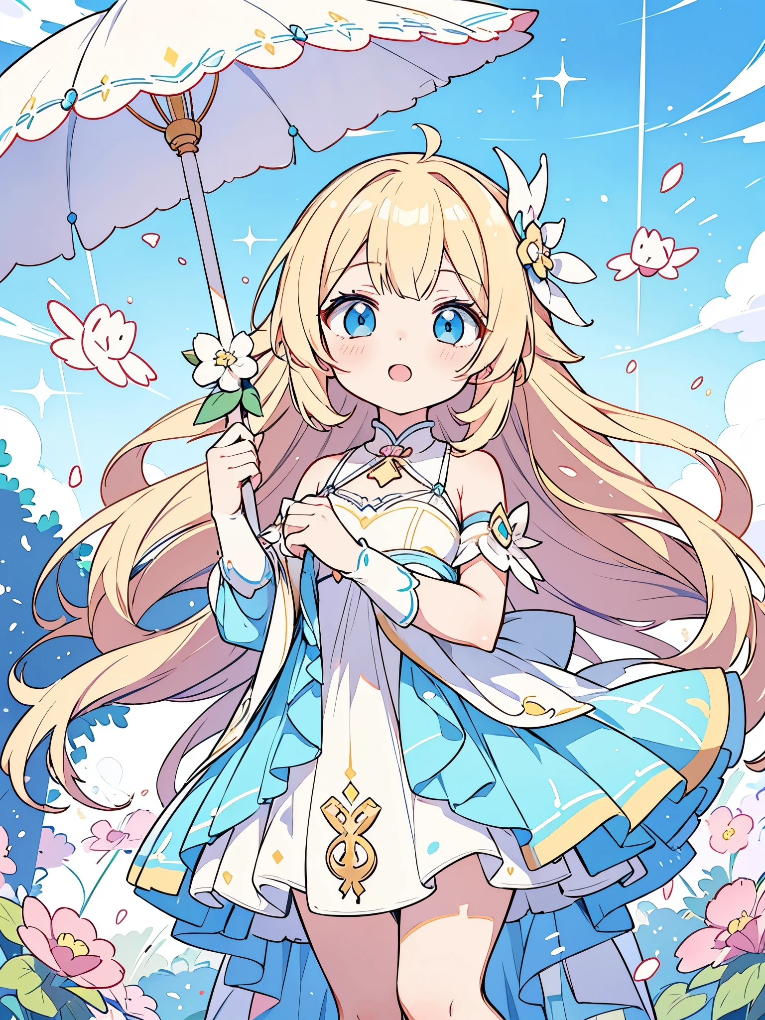 Anime girl with long blonde hair holding an umbrella in a field - SeaArt AI