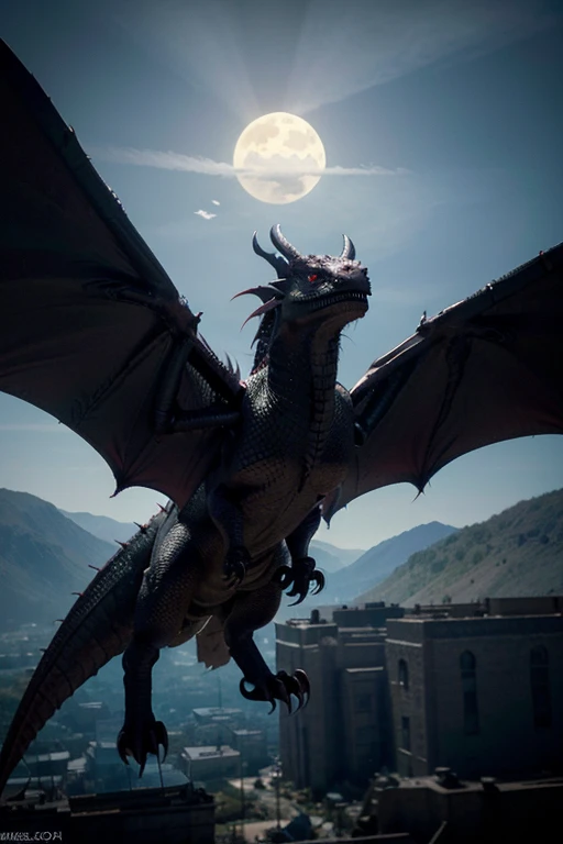 Describe a monstrous dragon with scales as black as night, eyes that burn with an otherworldly fire, and razor-sharp claws that could tear through steel. Its wings are vast, casting a shadow that blots out the sun, and its roar shakes the very earth with terror. This dragon strikes fear into the hearts of all who dare to behold its terrifying presence.