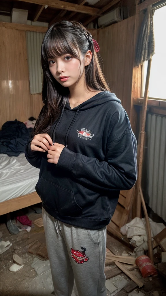 muster piece, best quality, illustration, Super detailed, fine details, High resolution, 8K,wall paper, perfect dynamic composition,(Details High quality, realistic depiction of eyes:1.3), Tattered clothes, (slum quarters), The collapsed room, Inside the barrack tent, refuge, wearing a tattered and dirty black hoodie., Wearing baggy pants, dirty body, Tragic, (Messy long hair), Layered Cut, black hair color, Big Natural Color Lip, crying a little、cold gaze, Harajuku style、20 year old girl、cute type、ta, Gravure Idol, full body photo、focus on crotch, huge breasts