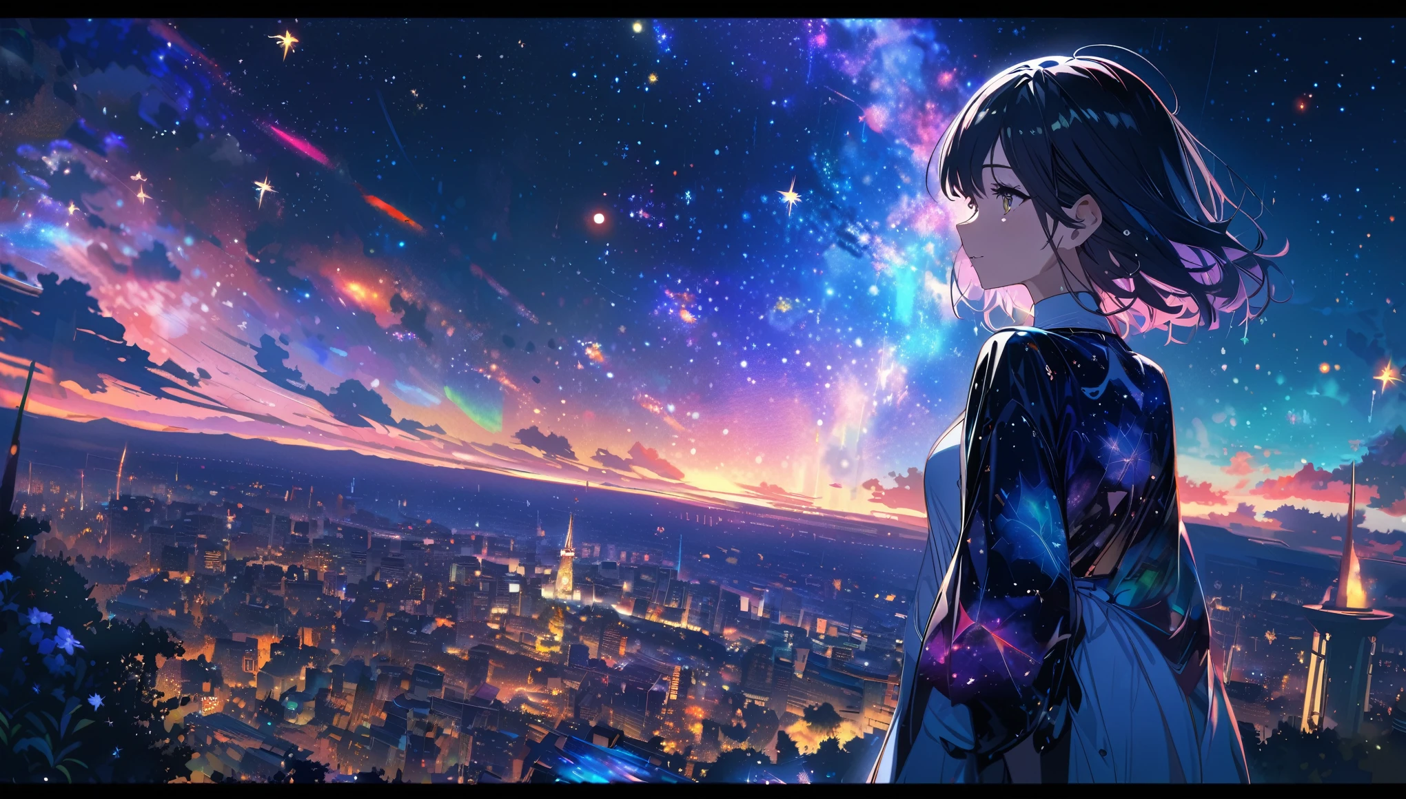 Angelic, detailed woman, midnight, nebula, after the rain, starry night, horizon, in the sky, city , colorful, high-res, 8K