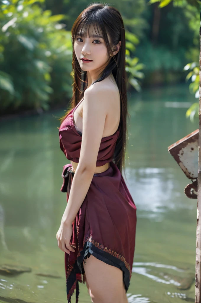 best quality, 8k, highly detailed face and skin texture, high resolution, big tits cute long hair asian girl in river, full body, sharp focus