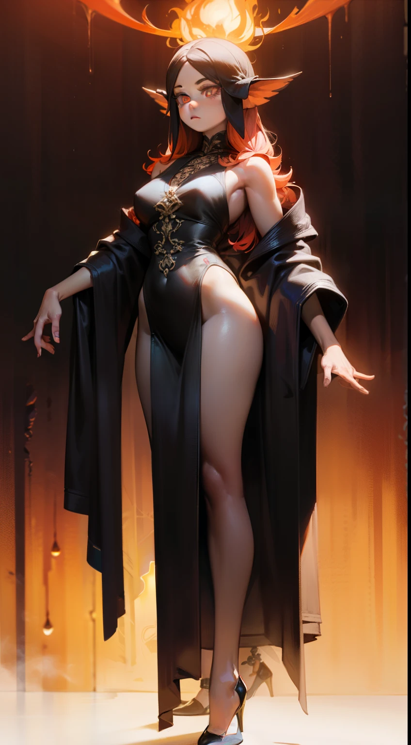 A girl with a body made of lava, featuring a Dracula Orchid pattern. (best quality, ultra-detailed), (realistic), vibrant colors, intense lighting, lava-like texture, hauntingly beautiful composition, surreal atmosphere, contrasting dark shadows, mesmerizing glow, detailed facial features, flowing lava tendrils, fiery eyes, ethereal presence, intricate floral patterns, mysterious aura."