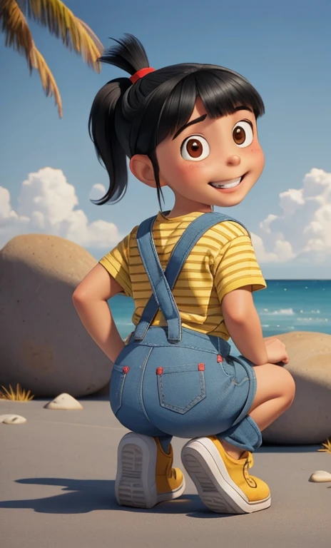 1girl, Black hair with straight bangs and a ponytail with a red band, big round brown eyes, slightly blushed cheeks, smiling expression, wearing a striped yellow and blue shirt, blue overalls, white shoes with gray soles ocean, palms, sand, sun, (child:1.2), rocks, all fours, bending over, ass, back view 