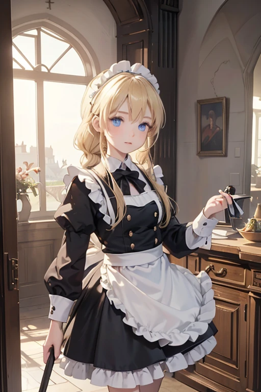 (8k, highest quality, Tabletop:1.2)、Ultra-high resolution、One 18-year-old girl, Perfect Fingers, Detailed face, blue eyes, Blonde, Braid, Black maid outfit,  Inside the castle, Cleaning the entrance, Floor mopping