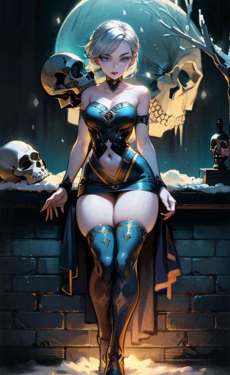 (best quality, highres, ice skull:1.1), ice skull, girl style, thick body art, detailed facial features, icy blue eyes, glossy lips, long eyelashes, porcelain skin, blue and silver color scheme, intricate skull design, realistic texture, vibrant colors, elaborate background, mysterious atmosphere, frozen garden, snow-covered trees, sparkling ice crystals, surreal lighting, fantasy elements