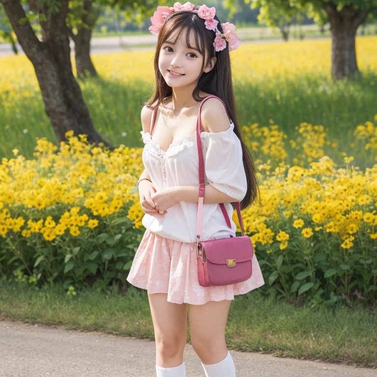 Highest quality,Buckshot,Face towards the viewer、Very attractive with a backpack, (((Standing and playing with a cute puppy))), Enjoy a lovely spring outing surrounded by beautiful yellow flowers and natural scenery. 1 girl,Cute face,smile,Off the shoulder、Berry Shorts、Knee socks、,Pink sneakers,The illustrations are in high resolution with 4K resolution.,  girl with highly detailed facial features,Perfect hands,Perfect legs,Cleavage