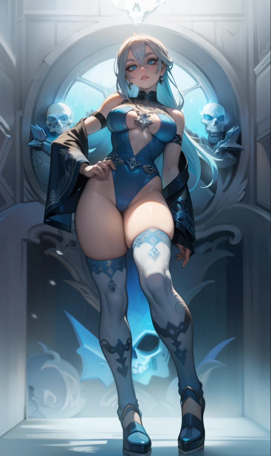 (best quality, highres, ice skull:1.1), ice skull, girl style, thick body art, detailed facial features, icy blue eyes, glossy lips, long eyelashes, porcelain skin, blue and silver color scheme, intricate skull design, realistic texture, vibrant colors, elaborate background, mysterious atmosphere, frozen garden, snow-covered trees, sparkling ice crystals, surreal lighting, fantasy elements