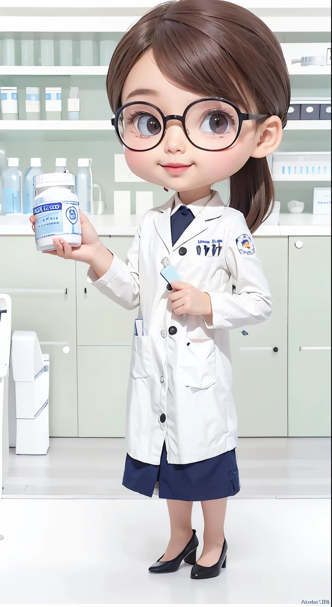 A cute female doctor in a white coat, holding blue and gray medicine bottles with no labels on them, wearing black high heels and glasses with large lenses, big eyes, smiling expression, simple background of the hospital's U-shaped room, 3D character in the style of Disney Pixar.