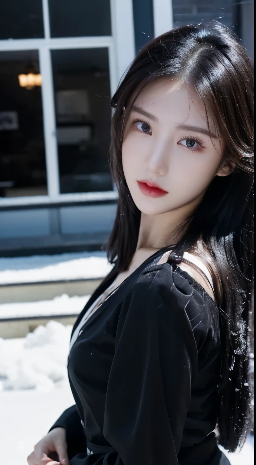 、(top quality,masterpiece:1.3,Ultra-high resolution,),(Super detailed,Caustic lines),(Reality:1.4,RAW Shooting,)Ultra-realistic capture,Very detailed,HD 16K，Suitable for human skin、 Natural skin texture、、Skin looks healthy and even-toned、 Use natural light and color,A woman,Kawaii,black hair,Medium Length Hair,(Depth of Field、Chromatic Aberration、、Wide lighting range、Natural shadows、)、(Nighttime outdoor lighting:1.4)、(Snow Scene:1.2)、(Hair blowing in the wind:1.1)，Symmetrical big eyes