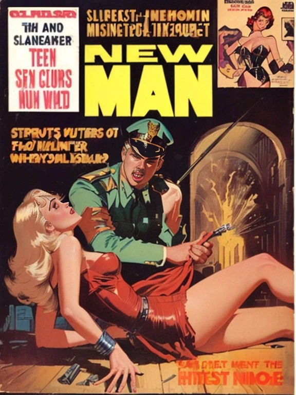 A magazine cover showing a man tearing the clothes off a detained woman, Pulp fantasy of the 1980s, Retro pulp art, Old retro pulp, inspired By Earl Noam, Vintage Pulp Art, Pulp magazine cover art, Old retro pulp noir comic cover, Inspired by Wally Wood, By Earl Noam, 70's Vintage Comic Cover