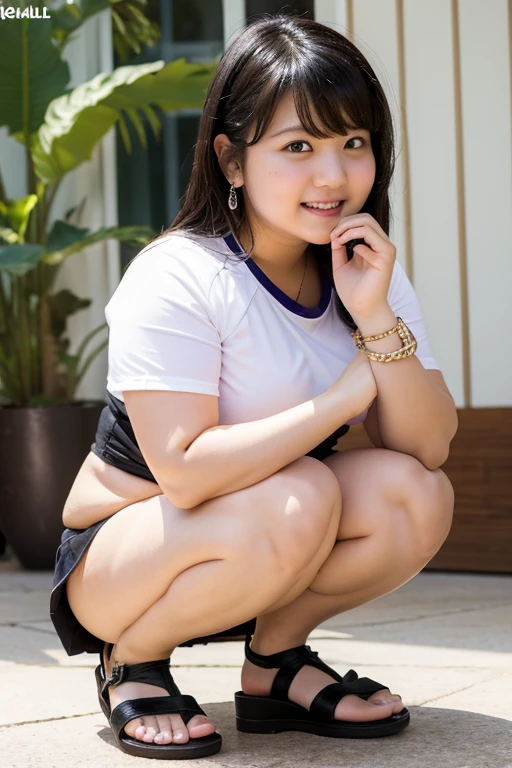 extra fatty girl, microminiskirt, squatting, sandal, pedicured, face forward, anklet, , slut