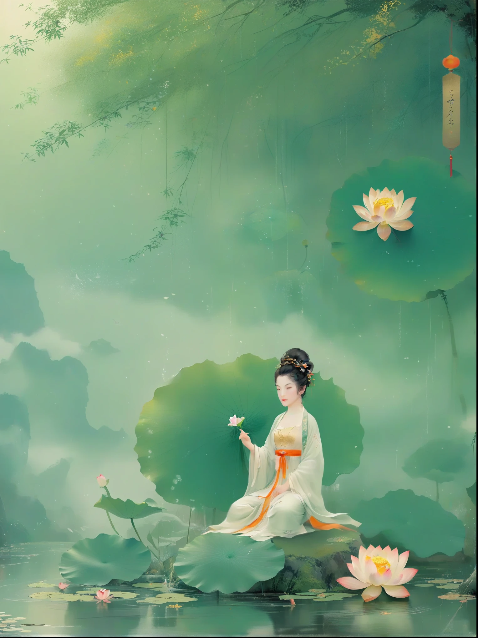 Sensible, Girl in lotus pose, Suspended on a mossy stone，Surrounded by a floating lotus, In an old forest with dense leaves, The cyan robe has golden cloud patterns on it., Ancient calligraphic symbols swirl around him, A circle of golden light descended from the sky, Sacred and peaceful atmosphere, Forest creatures and peaceful observation, The scent of sandalwood, The sound of a mountain stream, Mysterious scene.(best quality, 8k,high resolution,masterpiece:1.2),Super detailed,Intricate details,The award-winning,Movie Lighting,dramatic shadows,Rich in details,Volumetric Lighting,脸部Rich in details,Elegant composition,atmosphere,paisagem de fantasia,Studio Ghibli style