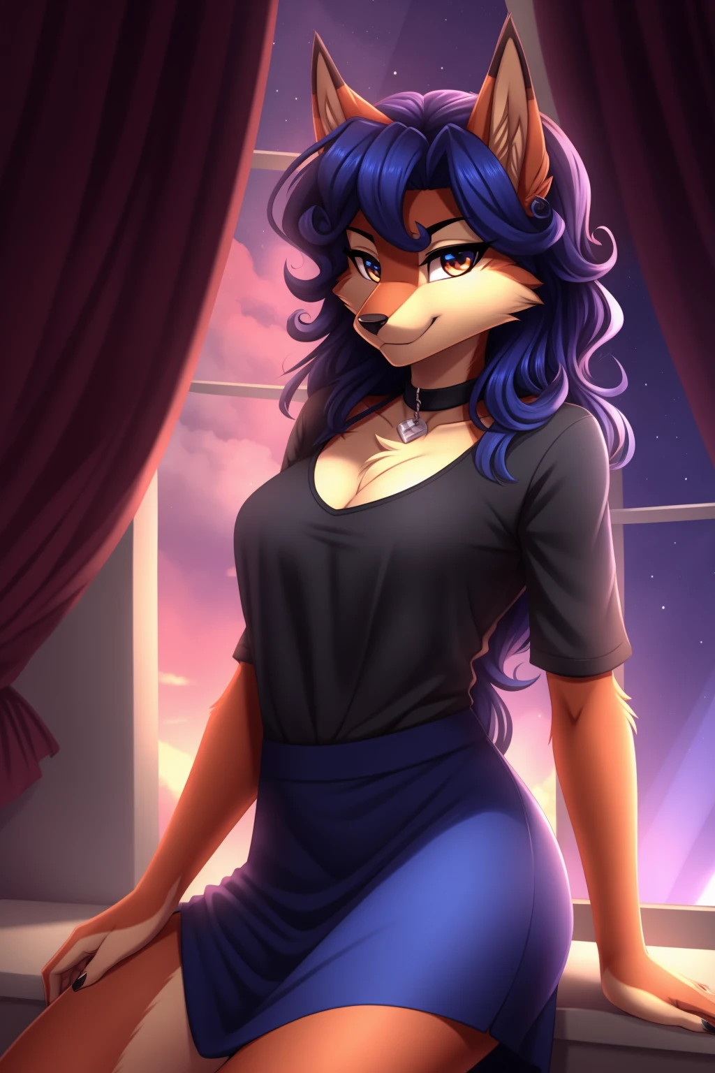 By zinfyuu on pixiv,by twistedscarlet60, uploaded on pixiv, by fluff-kevlar, (masterpiece), (best quality), (anthro furry:1.3, snout:1.2, anthro:1.3, furry:1.2, solo female:1.2), (extremely detailed:1.3), (Detailed eye part: White lens, blue iris,black cornea), tall, slim body, sweet smile, wear Black tshirt and long skirt, carmelita