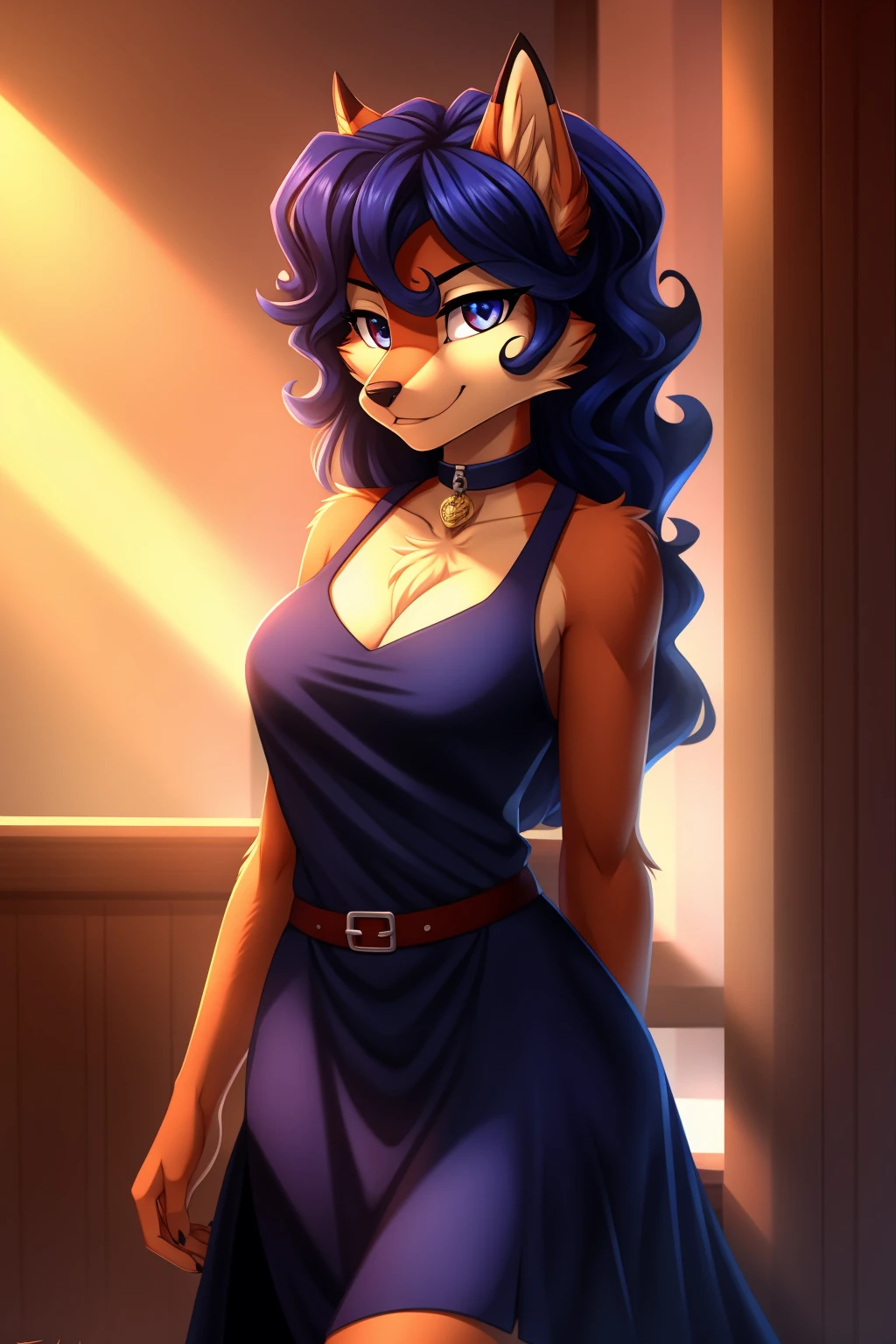 By zinfyuu on pixiv,by twistedscarlet60, uploaded on pixiv, by fluff-kevlar, (masterpiece), (best quality), (anthro furry:1.3, snout:1.2, anthro:1.3, furry:1.2, solo female:1.2), (extremely detailed:1.3), (Detailed eye part: White lens, blue iris,black cornea), tall, slim body, sweet smile, wear Black tshirt and long skirt, carmelita