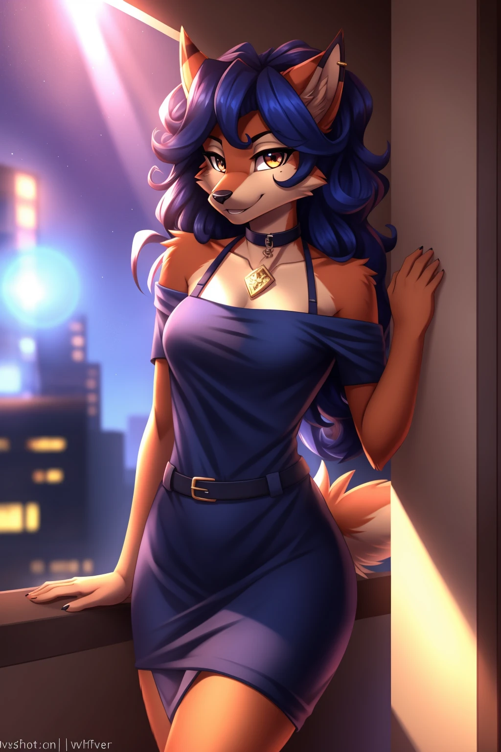 By zinfyuu on pixiv,by twistedscarlet60, uploaded on pixiv, by fluff-kevlar, (masterpiece), (best quality), (anthro furry:1.3, snout:1.2, anthro:1.3, furry:1.2, solo female:1.2), (extremely detailed:1.3), (Detailed eye part: White lens, blue iris,black cornea), tall, slim body, sweet smile, wear Black tshirt and long skirt, carmelita