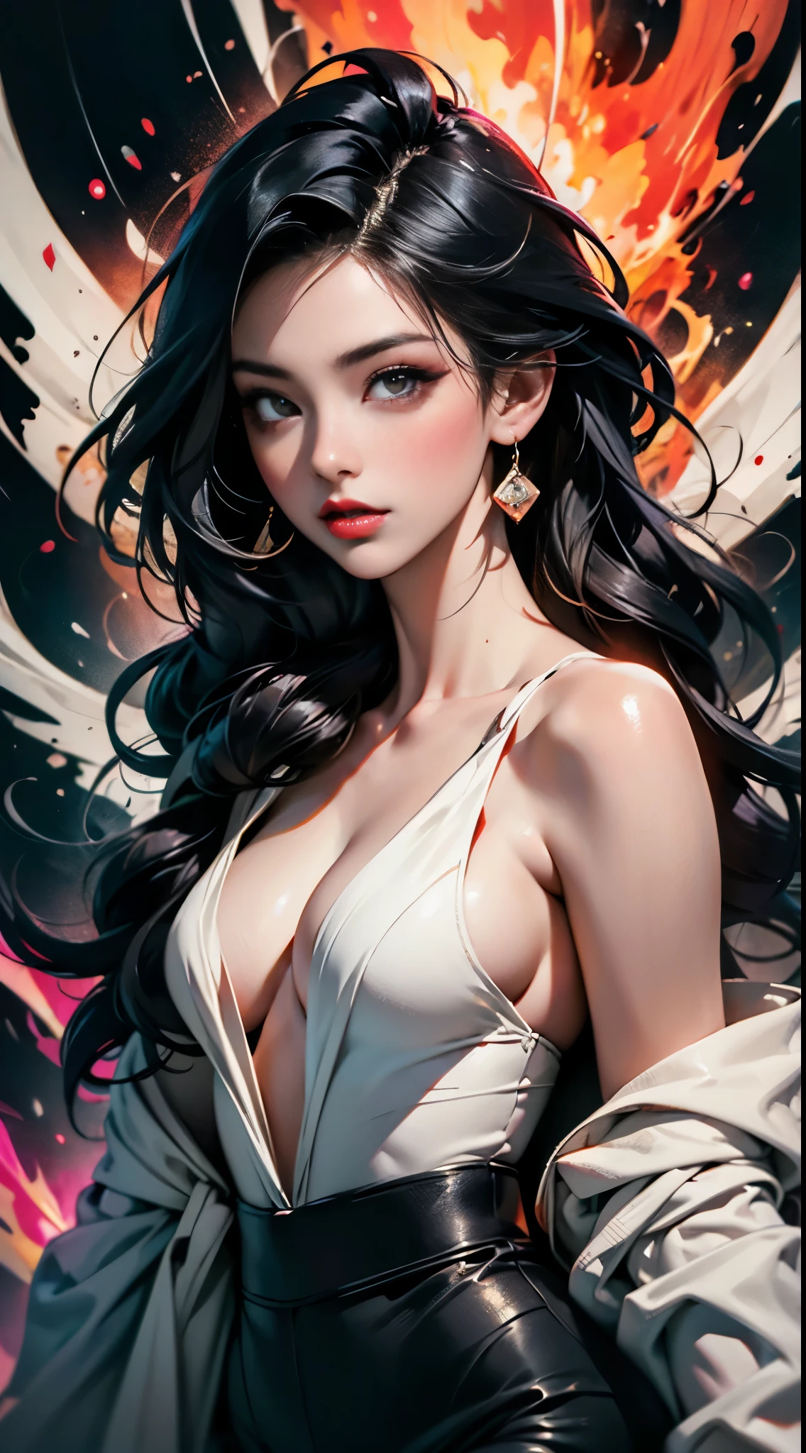 masterpiece, best quality, ultra high res, beautiful, elegant, graceful, award-winning art, 1girl , portrait, half-naked, (style of Yuko Shimizu:1.1), (abstract art:1.2), red lips, silent in chaoodel pose in fashion show, style of rebecca guay, black hair, red fire , cloaked in flames, dark theme, visually stunning, gorgeous