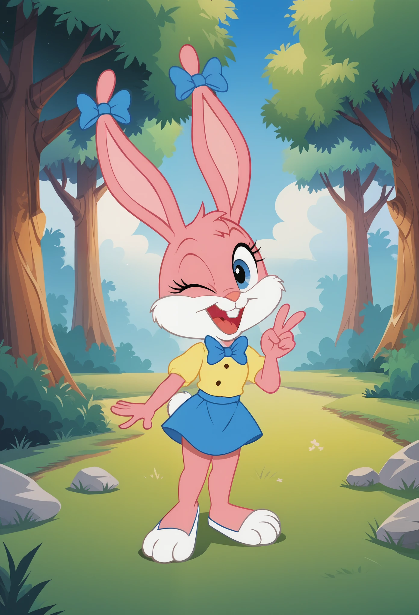 (source_furry, source_cartoon, score_9, score_8_up, score_7_up:1), solo female, 1girl, screencap, (chibi:0.5), bunny, bows, looking at viewer, V, smile, open mouth, winking, outdoors, forest